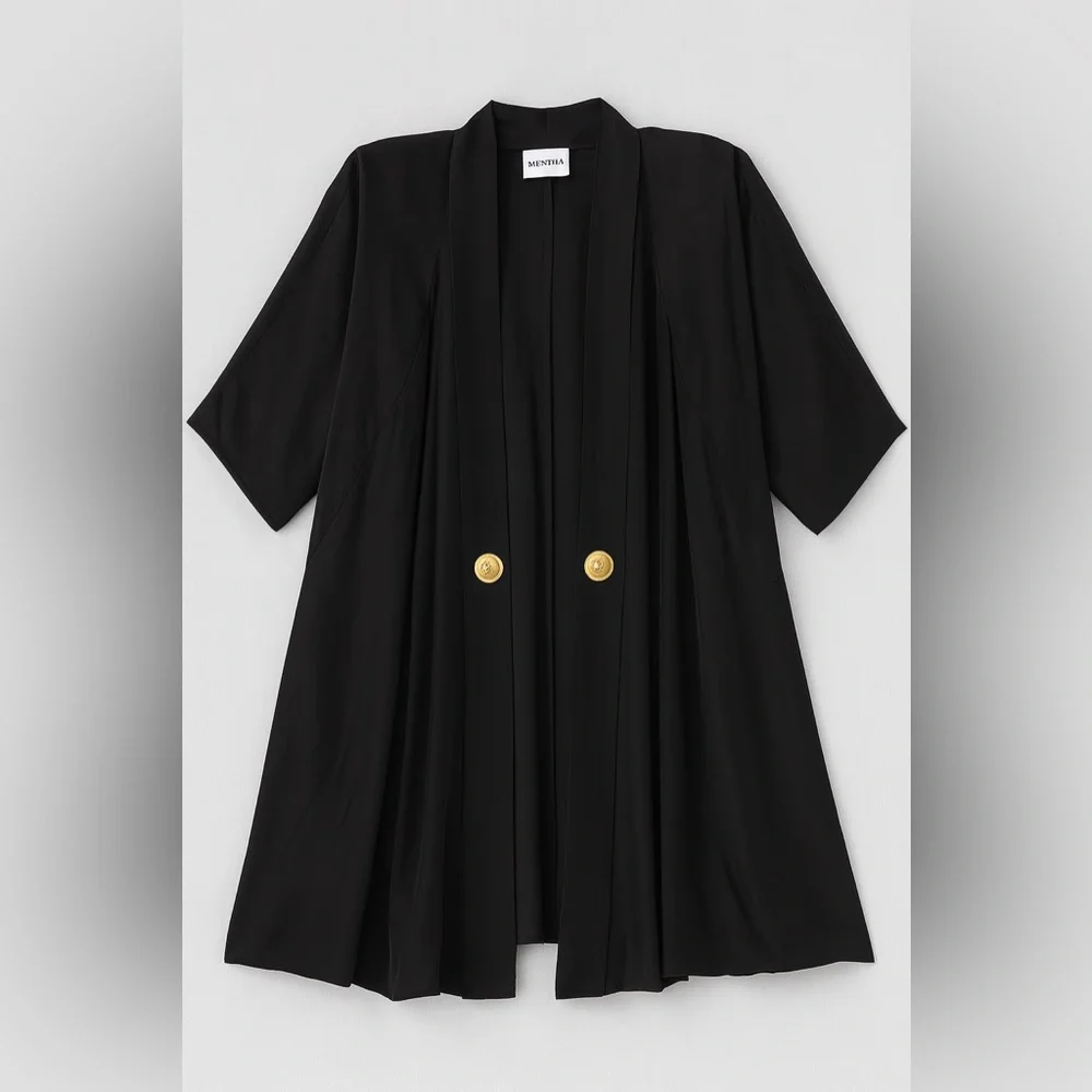 Sheena • Black Duster Blazer Gold Button Lightweight Topper Jacket EUC